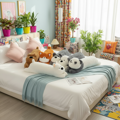 A group of various plushie body pillows laying on a bed in a colorful bedroom setting