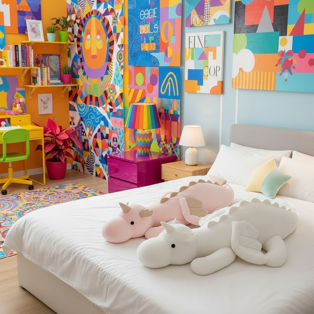 Two giant dragon plush toys laying on a bed in a vibrant and colorful bedroom setting