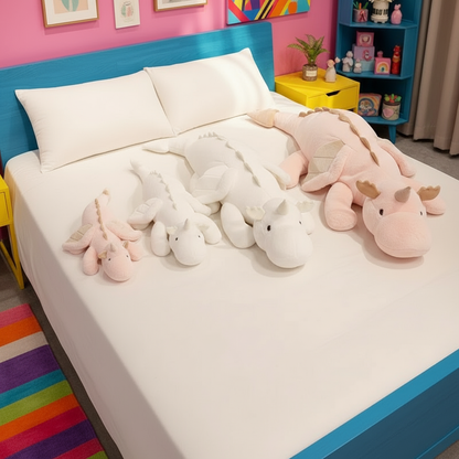 Four dragon plushies of different sizes laying on a bed in a colorful bedroom