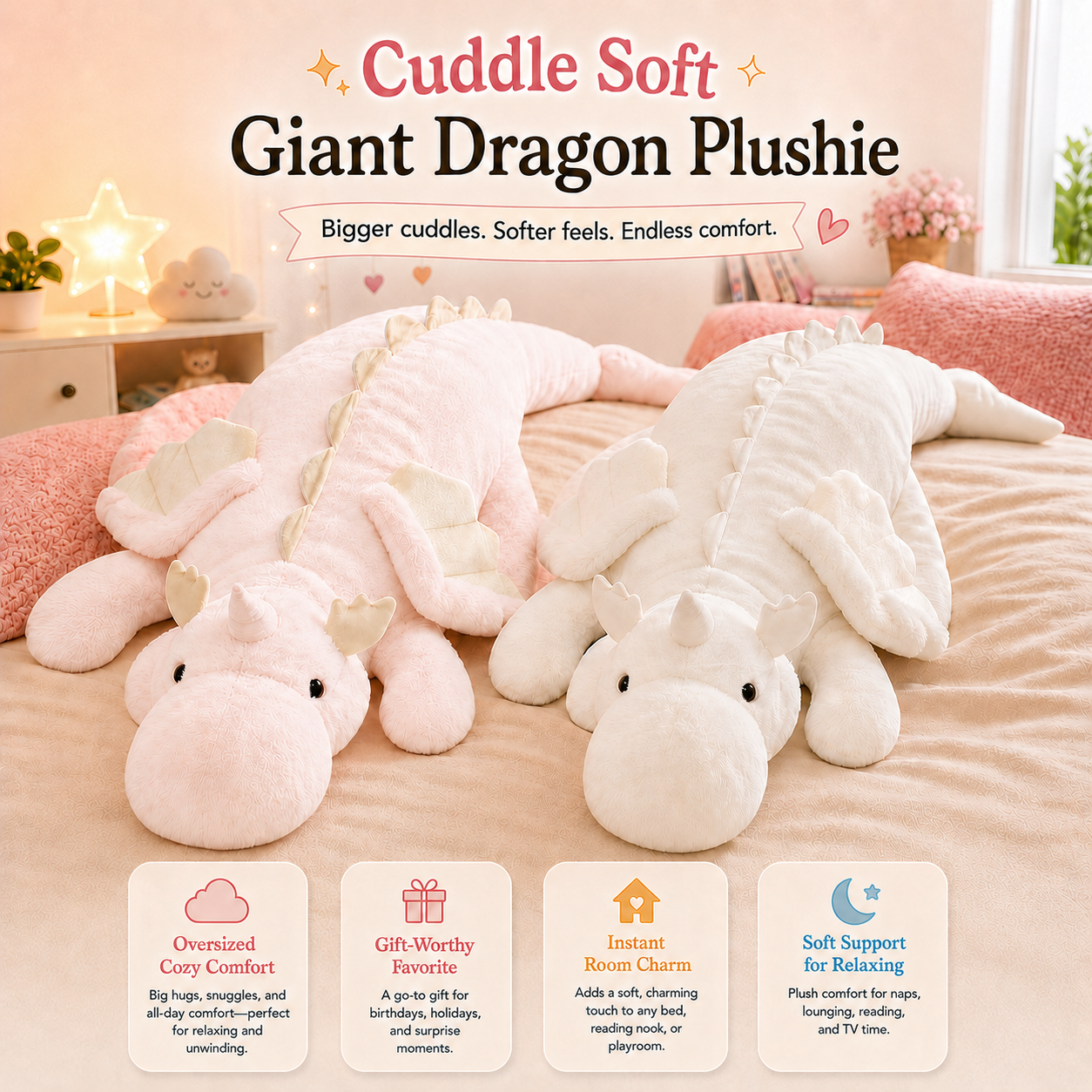 Two giant dragon plush toys in white and pale pink are shown on a bed in a cozy bedroom setting, with promotional text at the top and feature callouts at the bottom.