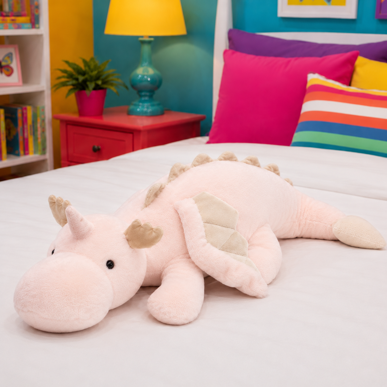 A pink plush dragon toy with beige horns, spikes, and wing details, lying on a white bed in a colorful bedroom setting.