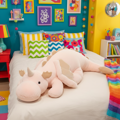 Pink dragon plushie laying on a bed in a colorful bedroom with vibrant blue and yellow walls