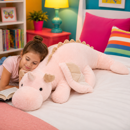 A young girl lies on a bed reading next to a large, soft pink plush dragon toy with beige accents, in a brightly decorated children's bedroom.
