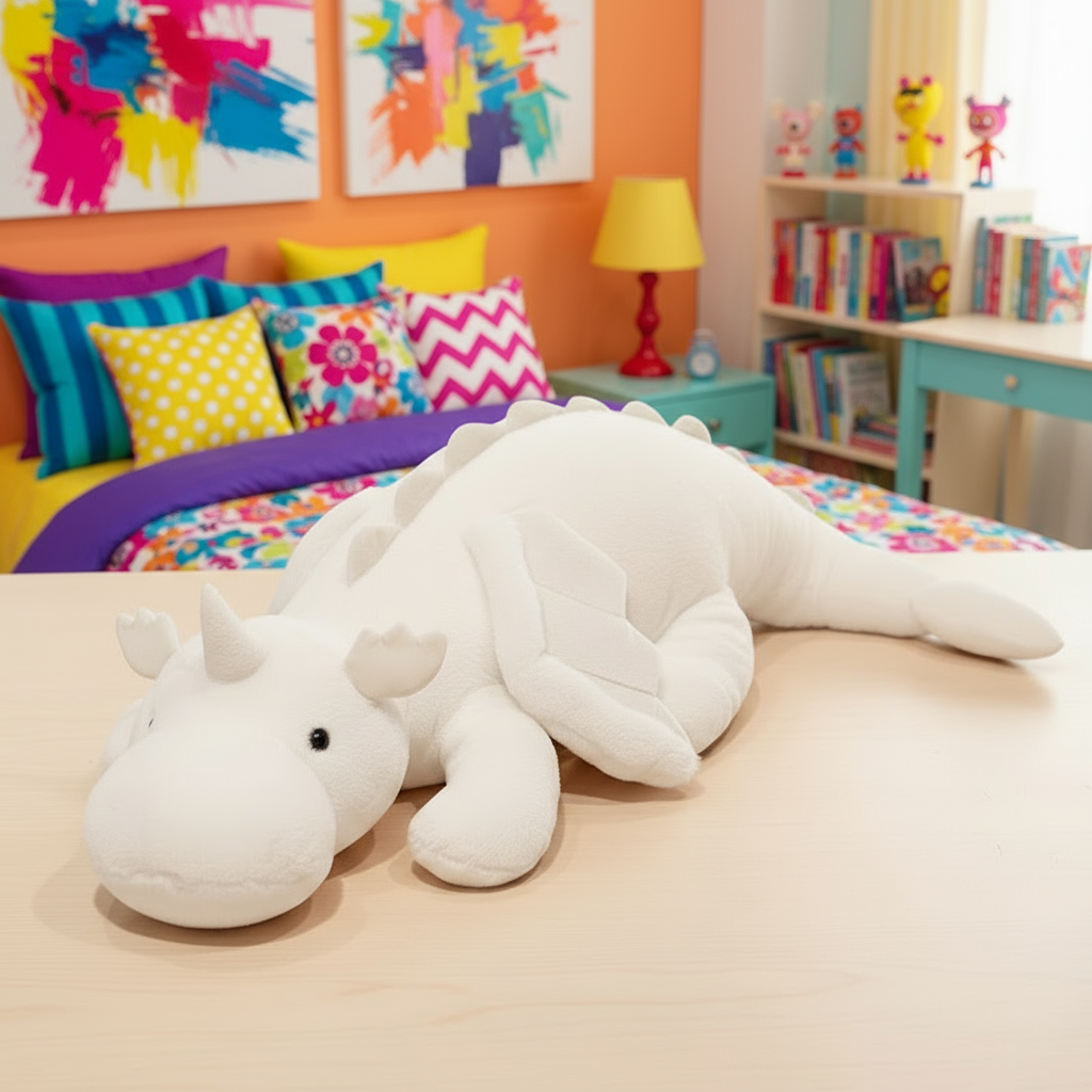 White dragon stuffed animal on a table in a brightly colored bedroom