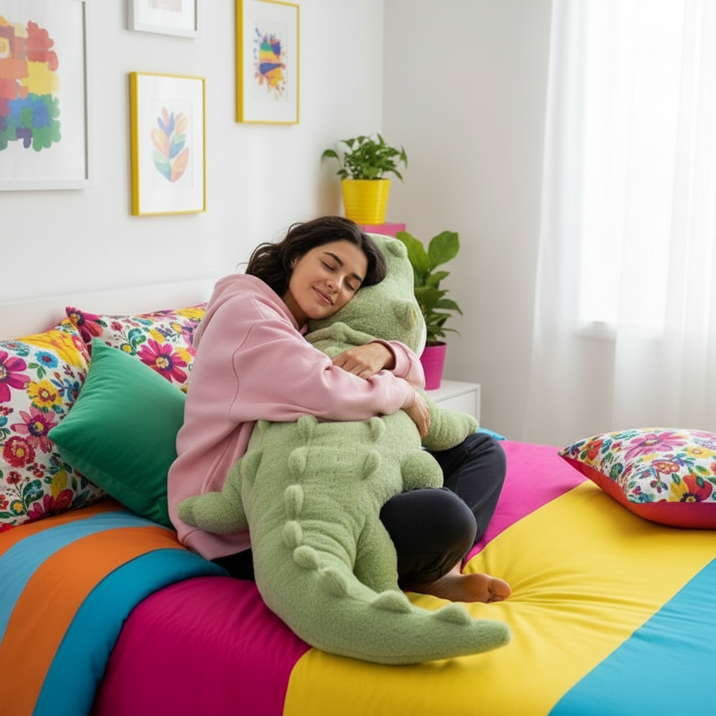 Woman holding a green crocodile body pillow on a colorful bed with floral pillows and a plant in the background.