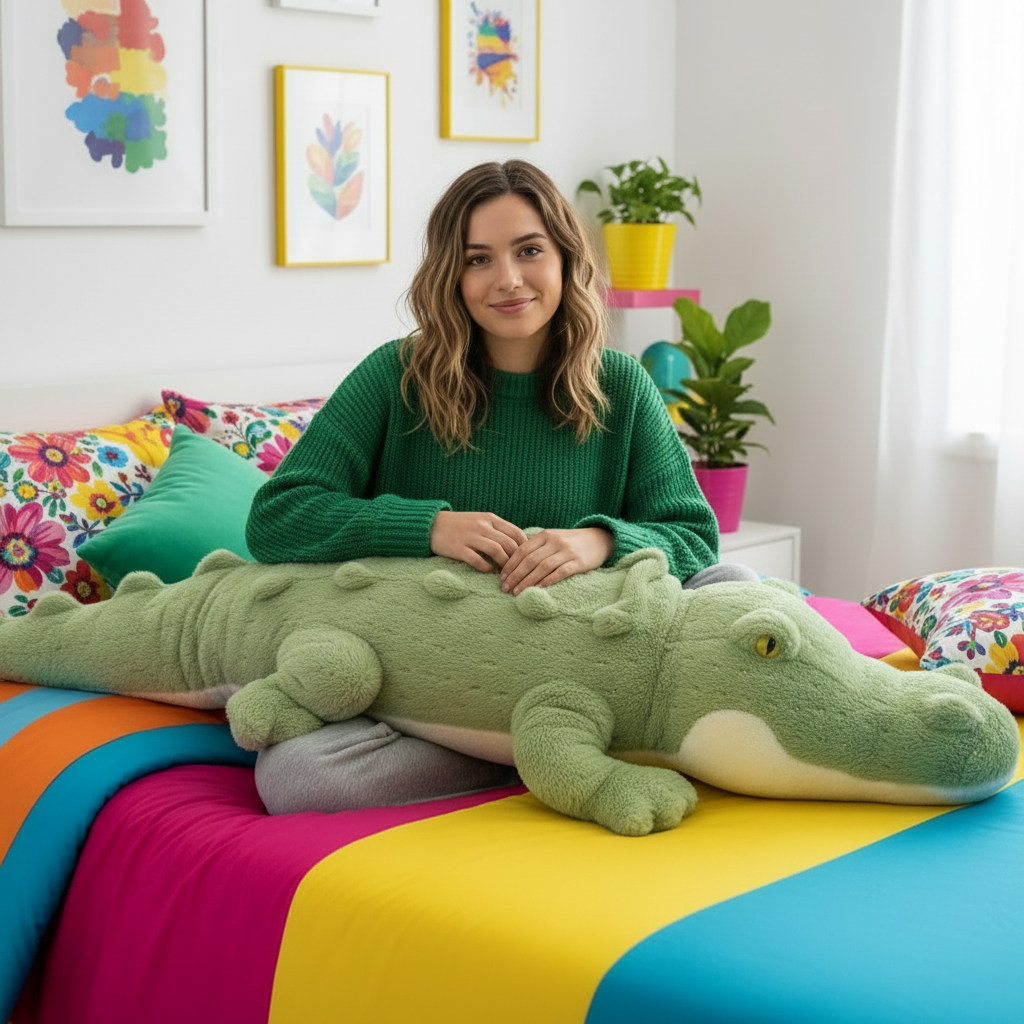 Woman holding a large green plush alligator in a colorful bedroom.