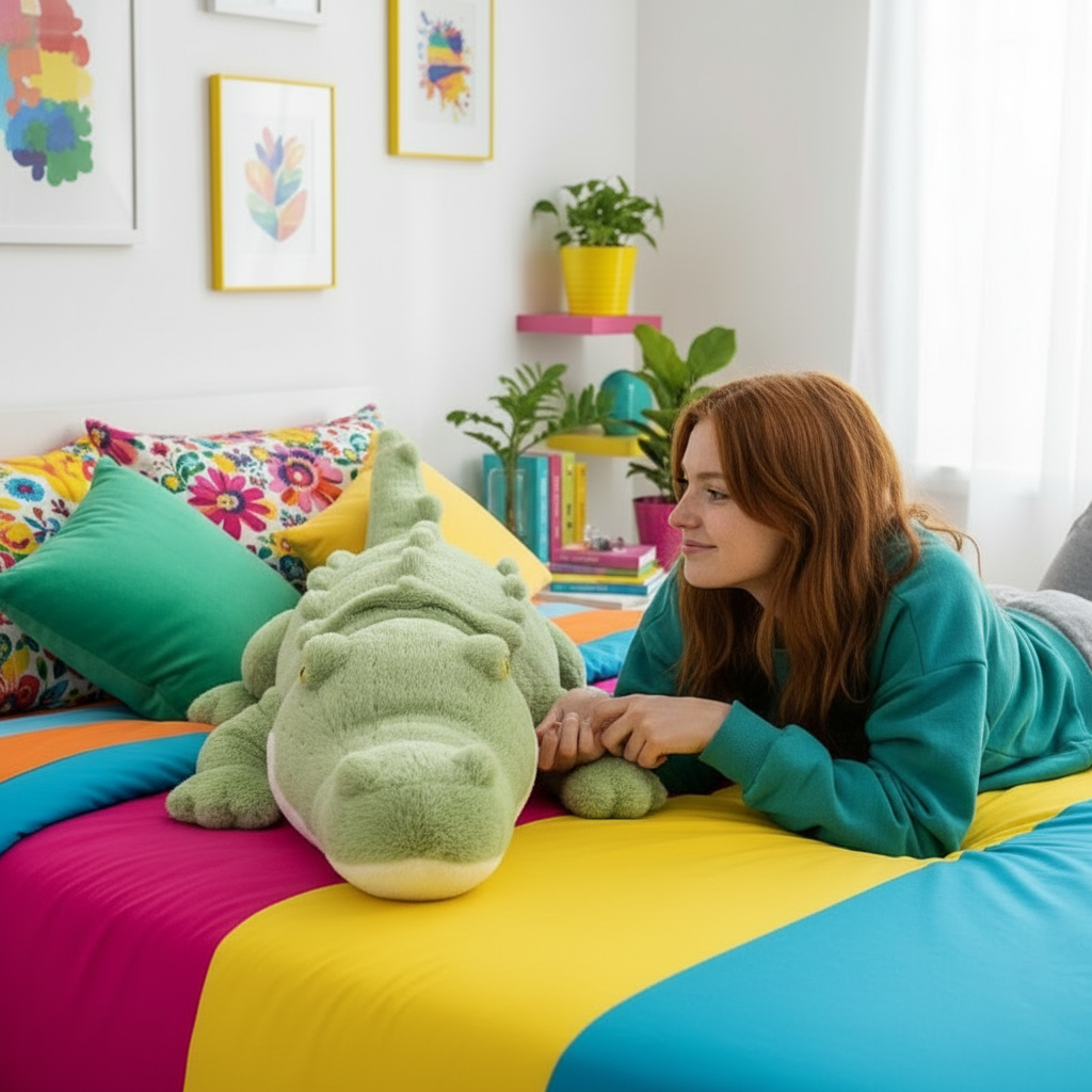 Woman lying on a colorful bed with a large green crocodile plush toy, surrounded by vibrant decor.