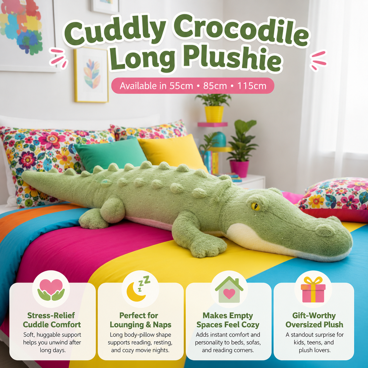 A green crocodile plush toy styled on a colorful bed in a bright bedroom setting, with large text at the top reading 'Cuddle Crocodile Long Plushie' and four feature callouts along the bottom.