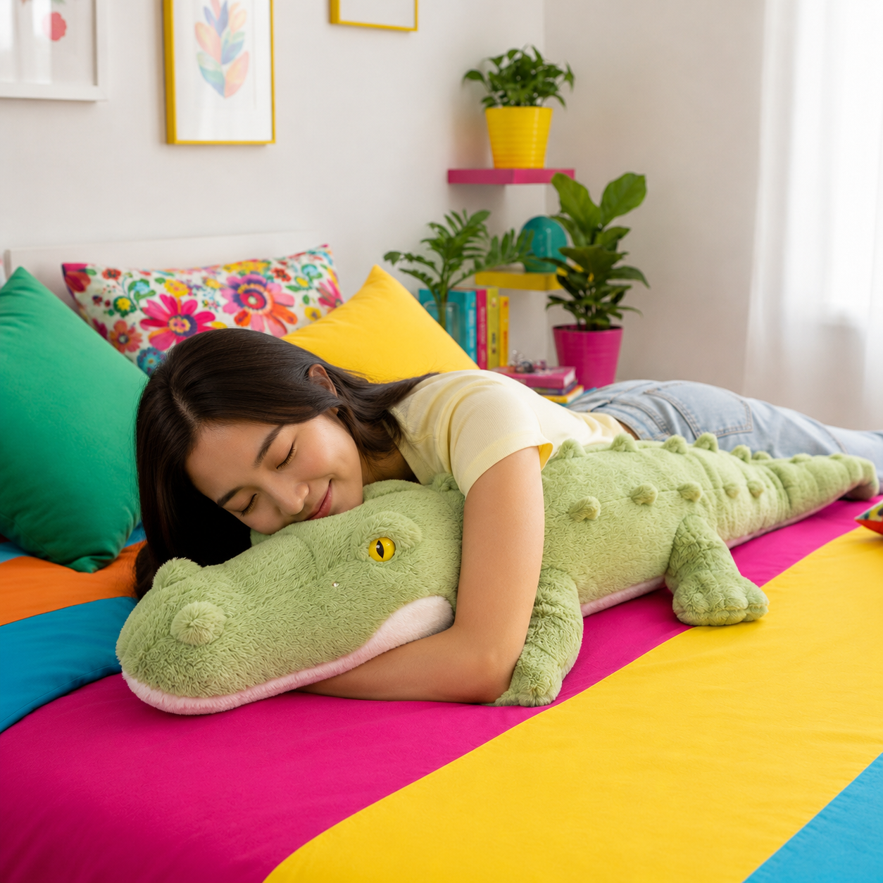 A young girl with dark hair rests her head on a large, plush green alligator toy pillow on a brightly colored bed with pink, yellow, and blue sheets. The room is decorated with colorful pillows, framed wall art, and small potted plants on shelves.