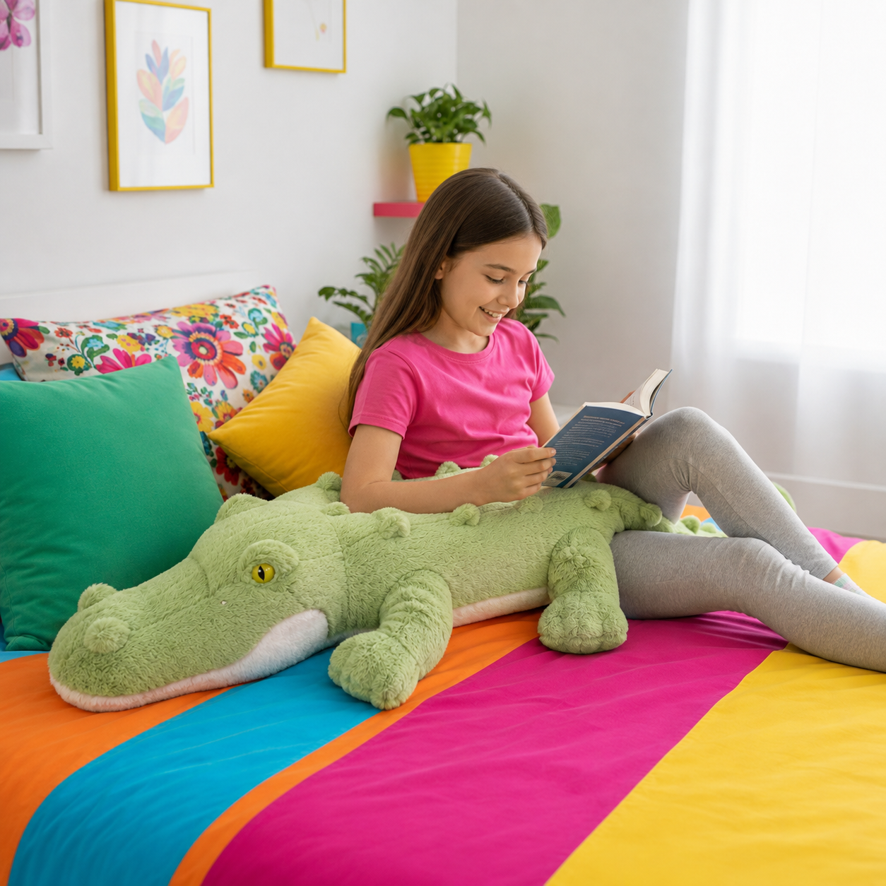 A young girl with long brown hair sits on a colorful bed reading a book, holding a large green plush alligator toy. The bed is decorated with a bright rainbow-striped sheet and various colorful pillows, including a solid green one.
