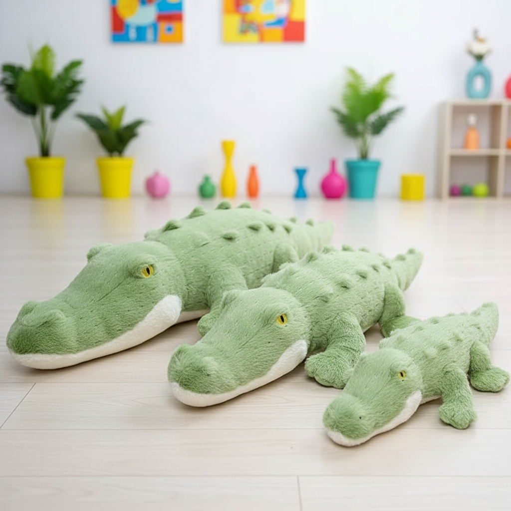 Three green plush alligator plushie toys on a light wooden floor with colorful decor in the background.
