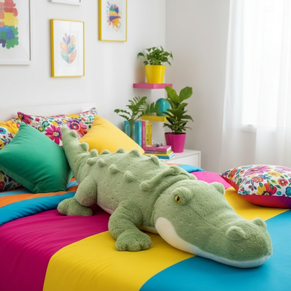 Colorful room with a large green plush alligator toy on a bed.