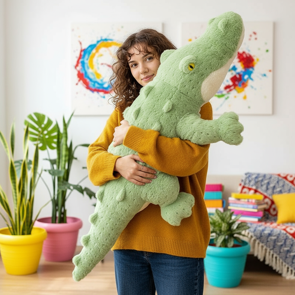 Person holding a large green plush crocodile toy in a room with colorful decor and plants.