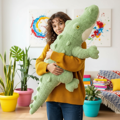 Person holding a large green plush crocodile toy in a room with colorful decor and plants.