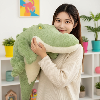 Person holding a large green plush toy in a room with plants and colorful decorations.