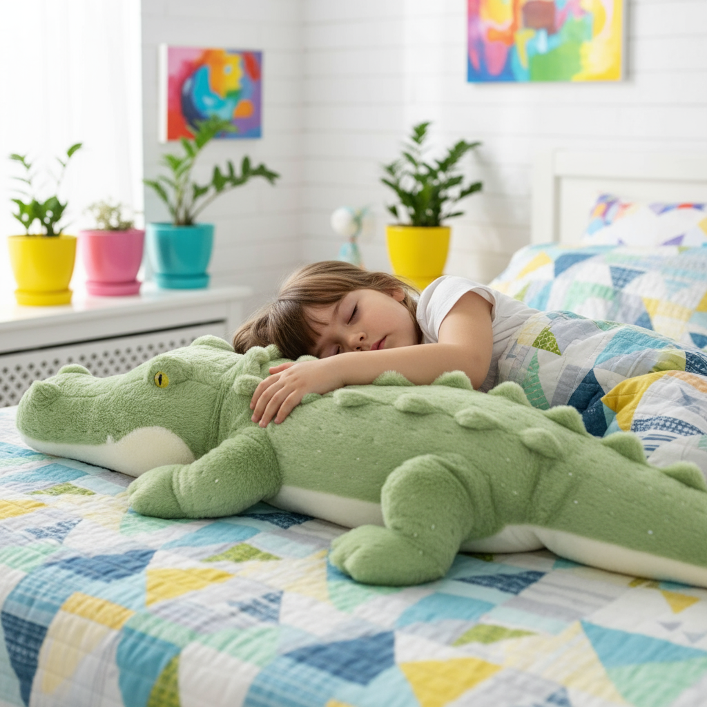 Child lying on a bed with a large green plush toy alligator, surrounded by colorful plants and bedding.