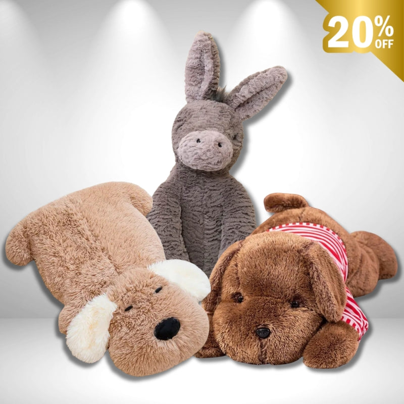 Three plush toys resembling a dog, donkey, and cat on a gray background with a 20% off label.