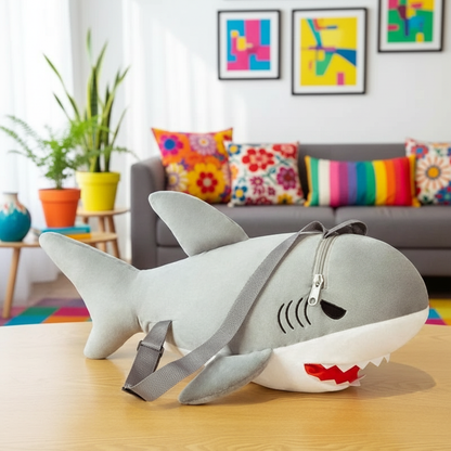 Shark plush backpack a on a wooden surface, colorful pillows and plants in the background