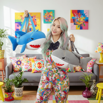 Woman holding shark-shaped bags in a colorful living room