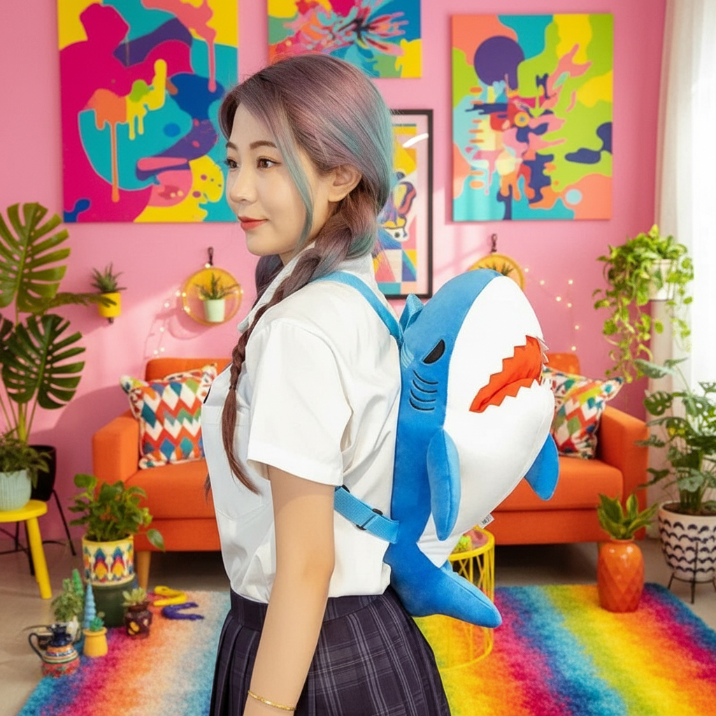 Person wearing a shark-shaped backpack in a colorful room with abstract art and plants.
