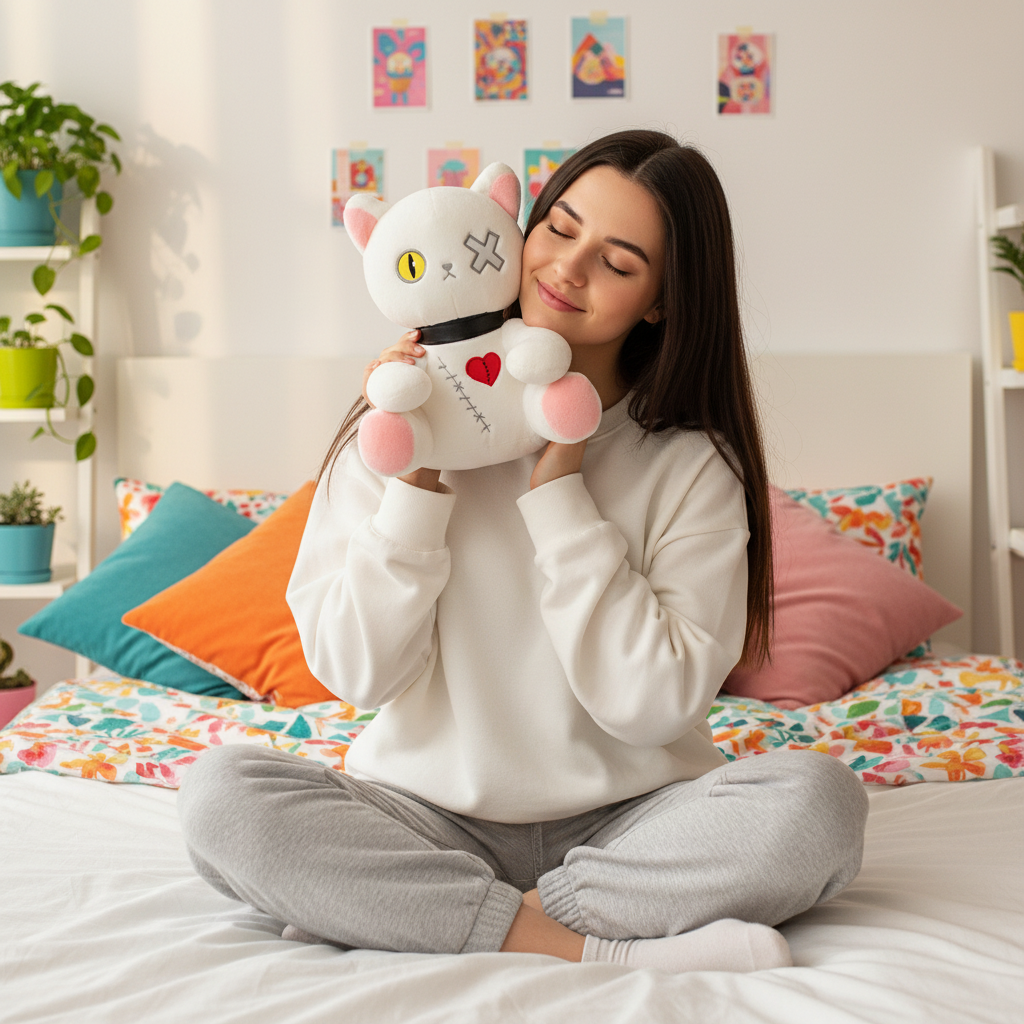 Girl sitting on a bed in a colorful bedroom holding a white cat plush toy