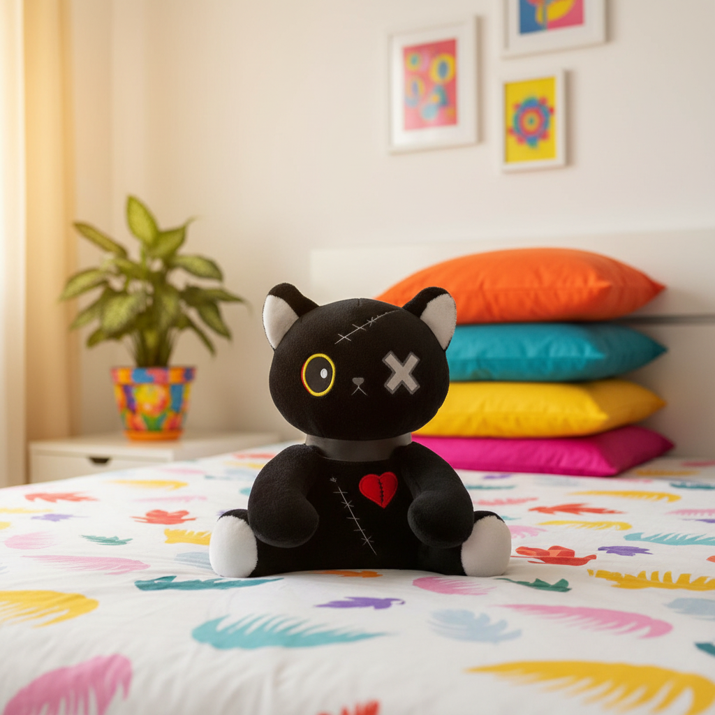 Black cat plushie sitting on a bed in a colorful bedroom