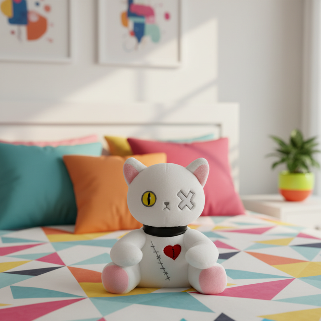 White cat plushie sitting on a bed in a colorful bedroom