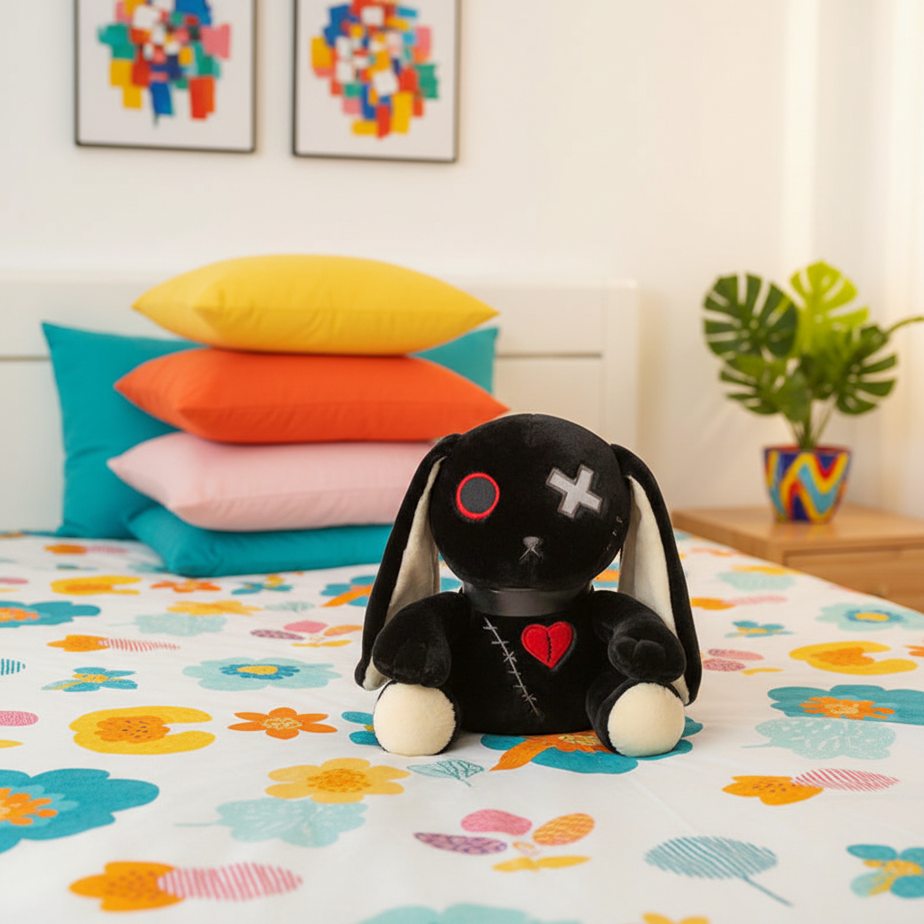 Black Rabbit plushie sitting on a bed in a colorful bedroom