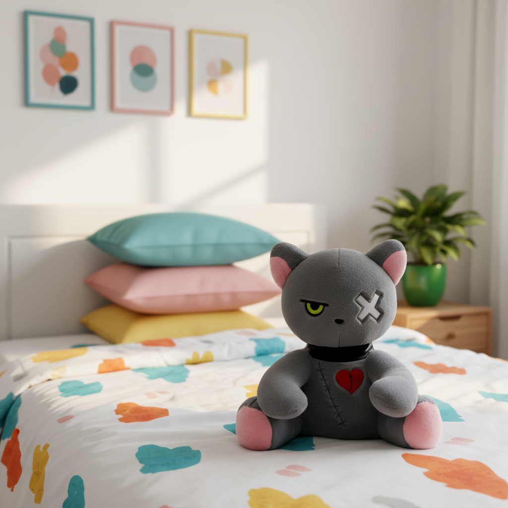 Gray cat plush toy sitting on a bed in a colorful bedroom