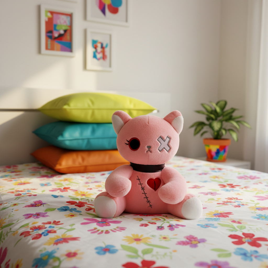Pink cat plush toy sitting on a bed in a colorful bedroom