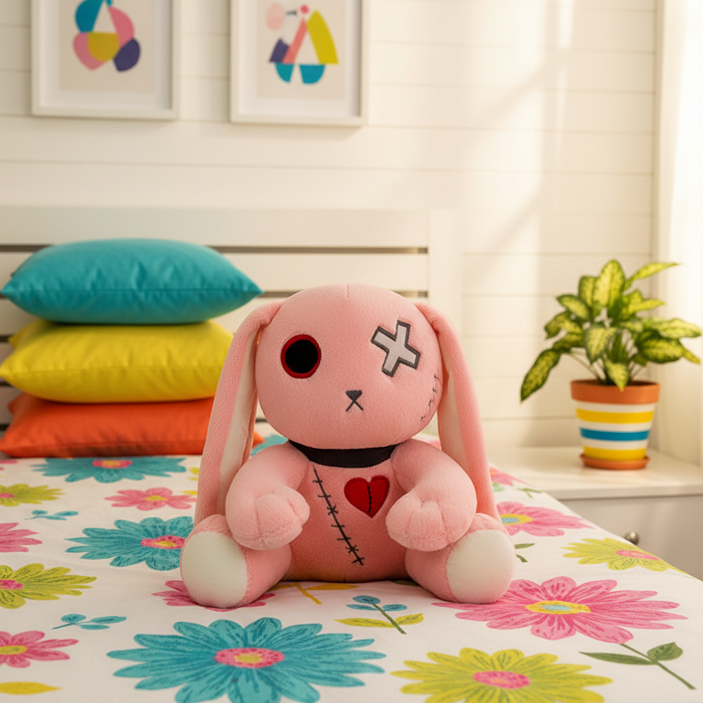 Pink rabbit plush toy sitting on a bed in a colorful living room