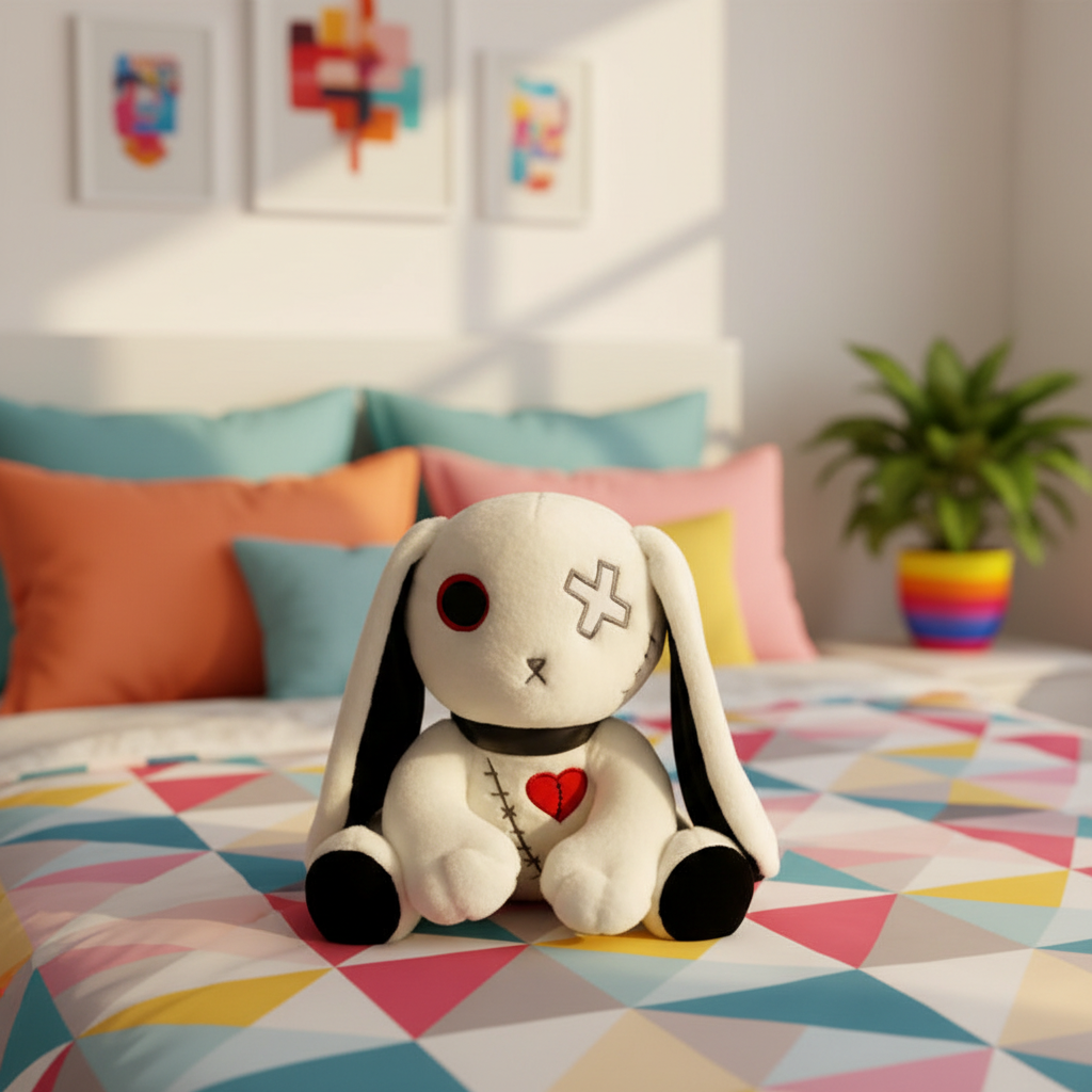 White bunny rabbit plushie sitting on a bed in a colorful bedroom