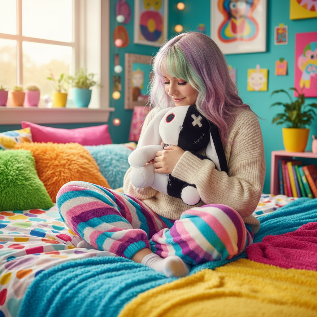 Person with colorful hair sitting on a bed holding a plush toy in a vibrant room.