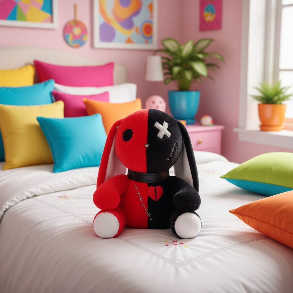 Colorful room with a red and black plush toy on a bed