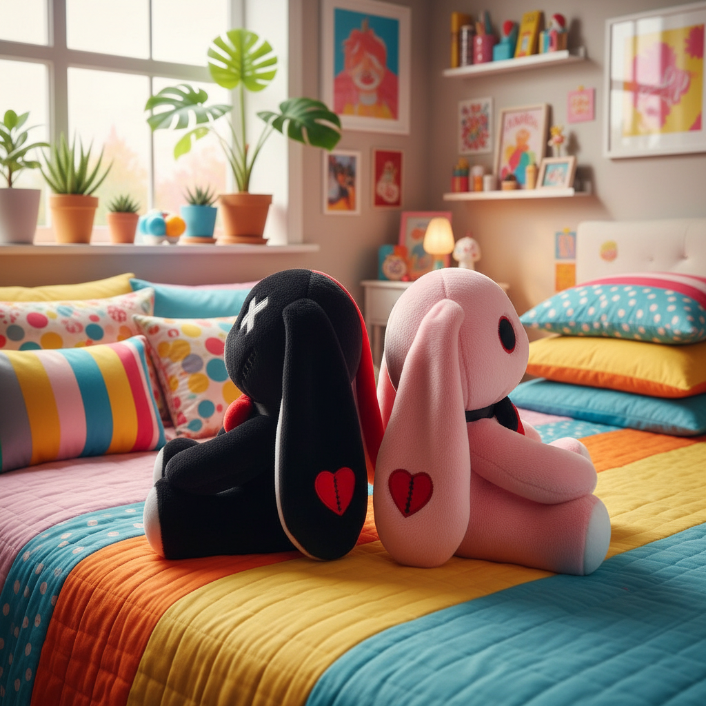 Two plush toys with heart designs on a colorful bed in a bright room with plants and artwork.