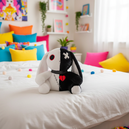 Black and white plush toy with red heart on a bed with colorful pillows