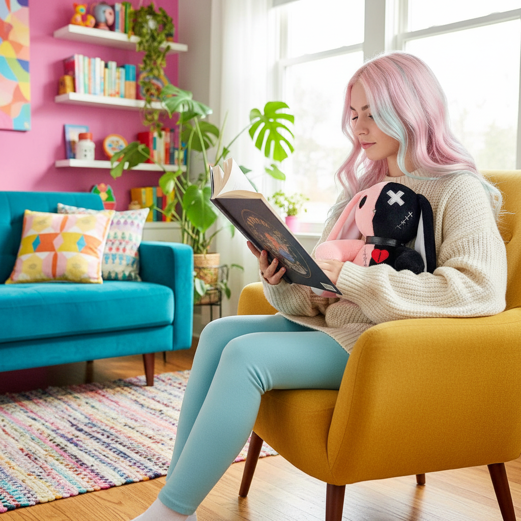 Woman with pink hair reading a book with a plush toy in a colorful living room