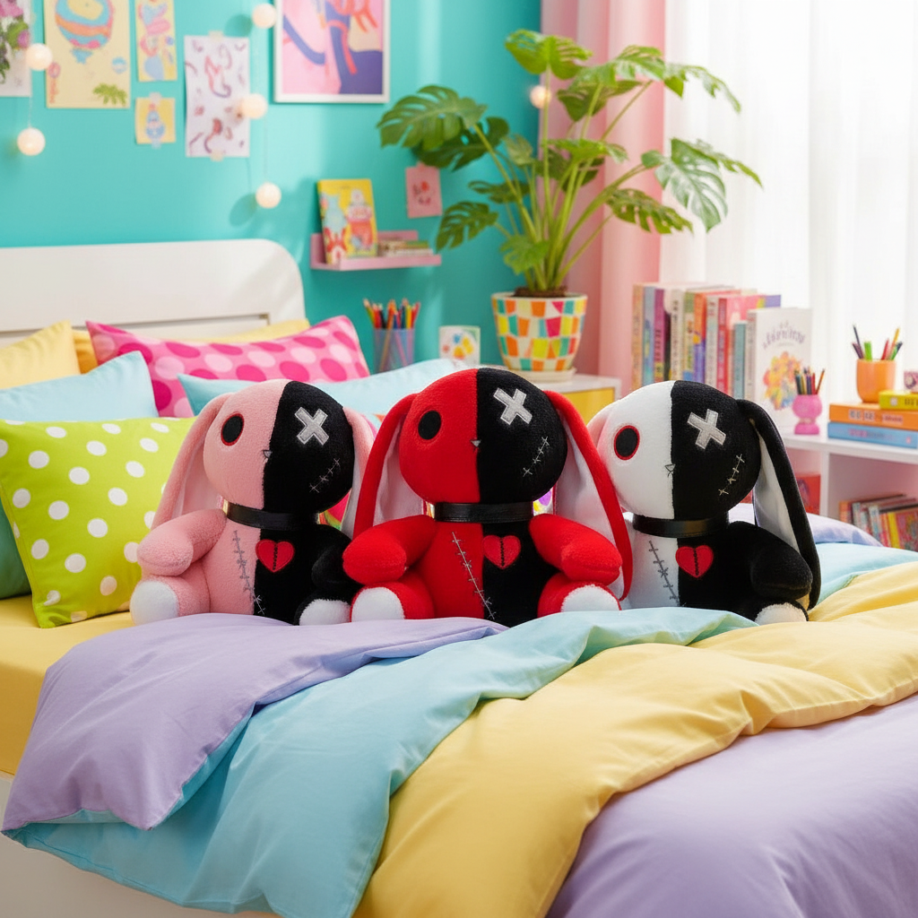 Colorful room with plush toys on a bed, books, and decor.