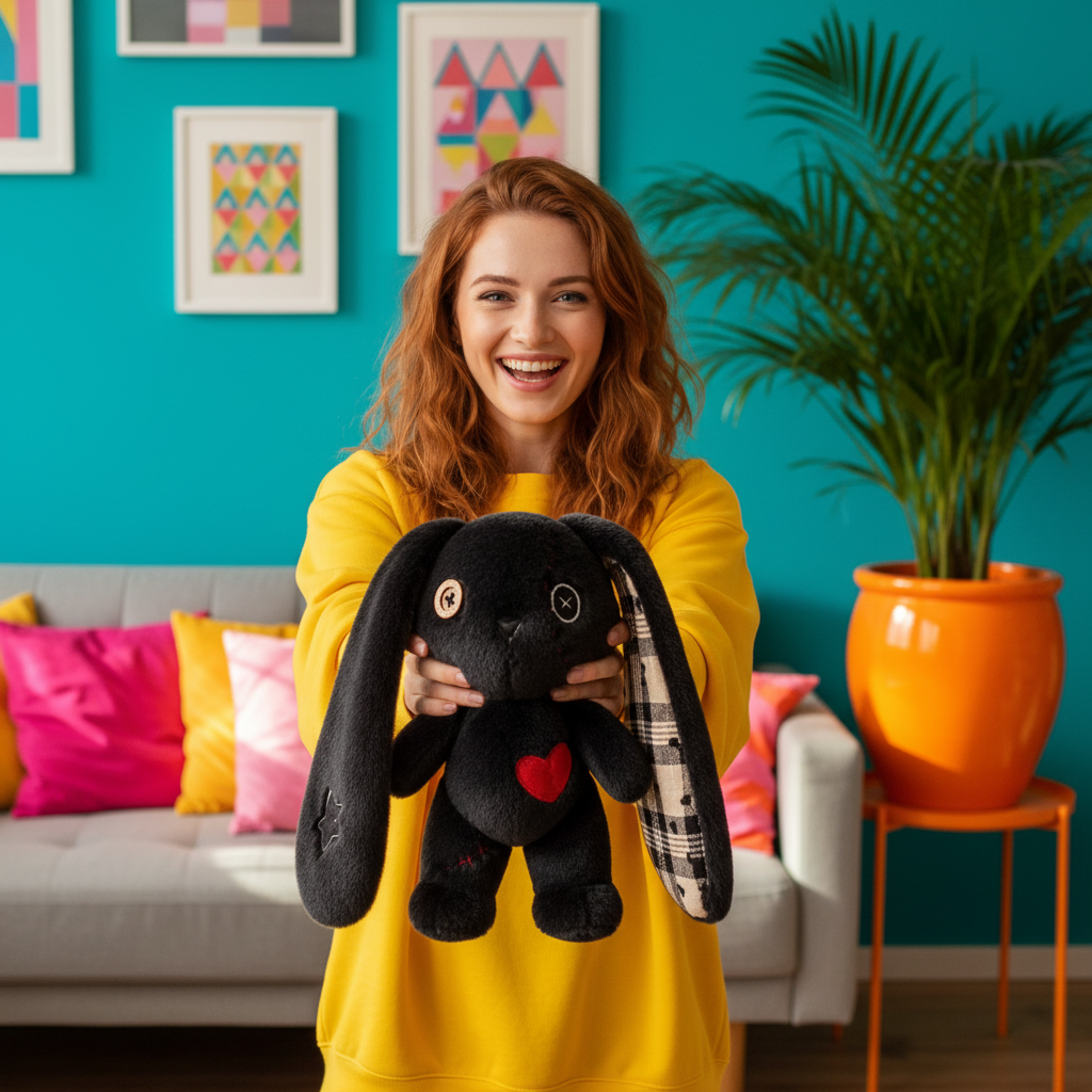 A woman with red hair wearing a yellow sweatshirt holds a black plush bunny toy with long floppy ears, a red heart on the chest, and plaid-patterned inner ears. She is standing in a brightly lit living room with a teal wall, framed art, a gray sofa with pink and yellow pillows, and a large potted plant on an orange side table.