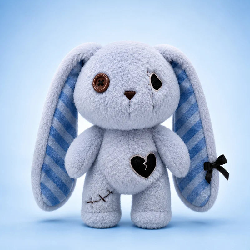 A plush bunny toy in pale icy blue with long blue-and-white striped ears, a black heart patch on the belly, a brown button eye, and a small black bow on one ear, centered on a soft light blue background.