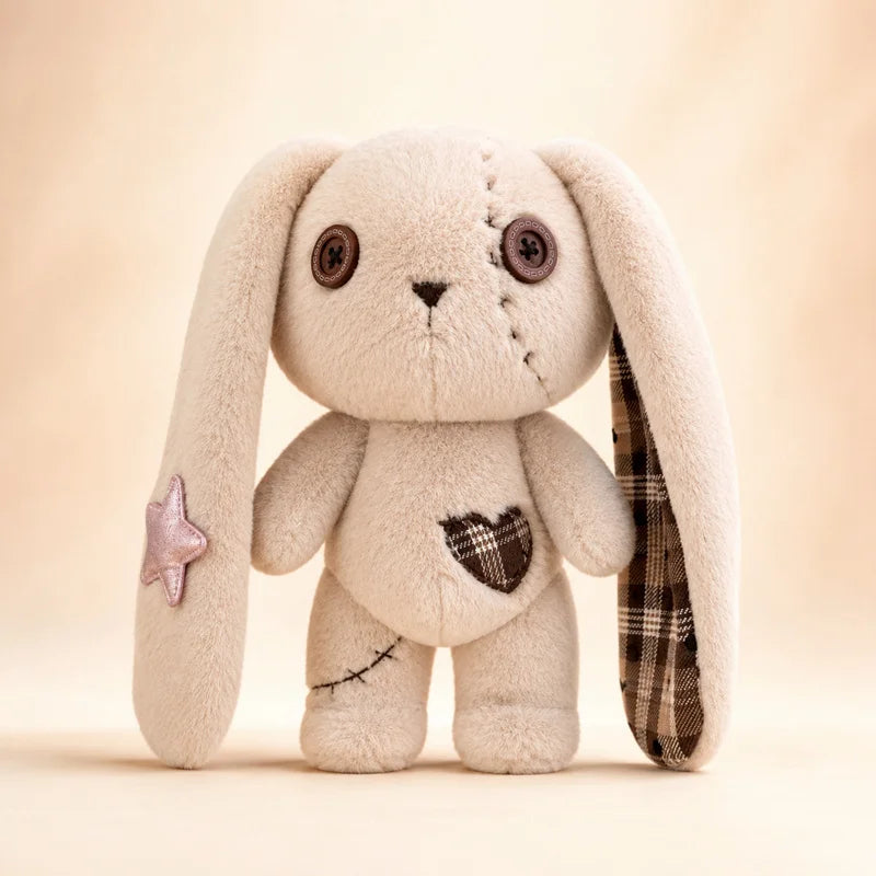 A handmade plush bunny toy with long floppy ears, one ear showing a brown plaid lining, a pink glitter star on one ear, and a brown plaid heart patch on the chest, set against a warm beige background.