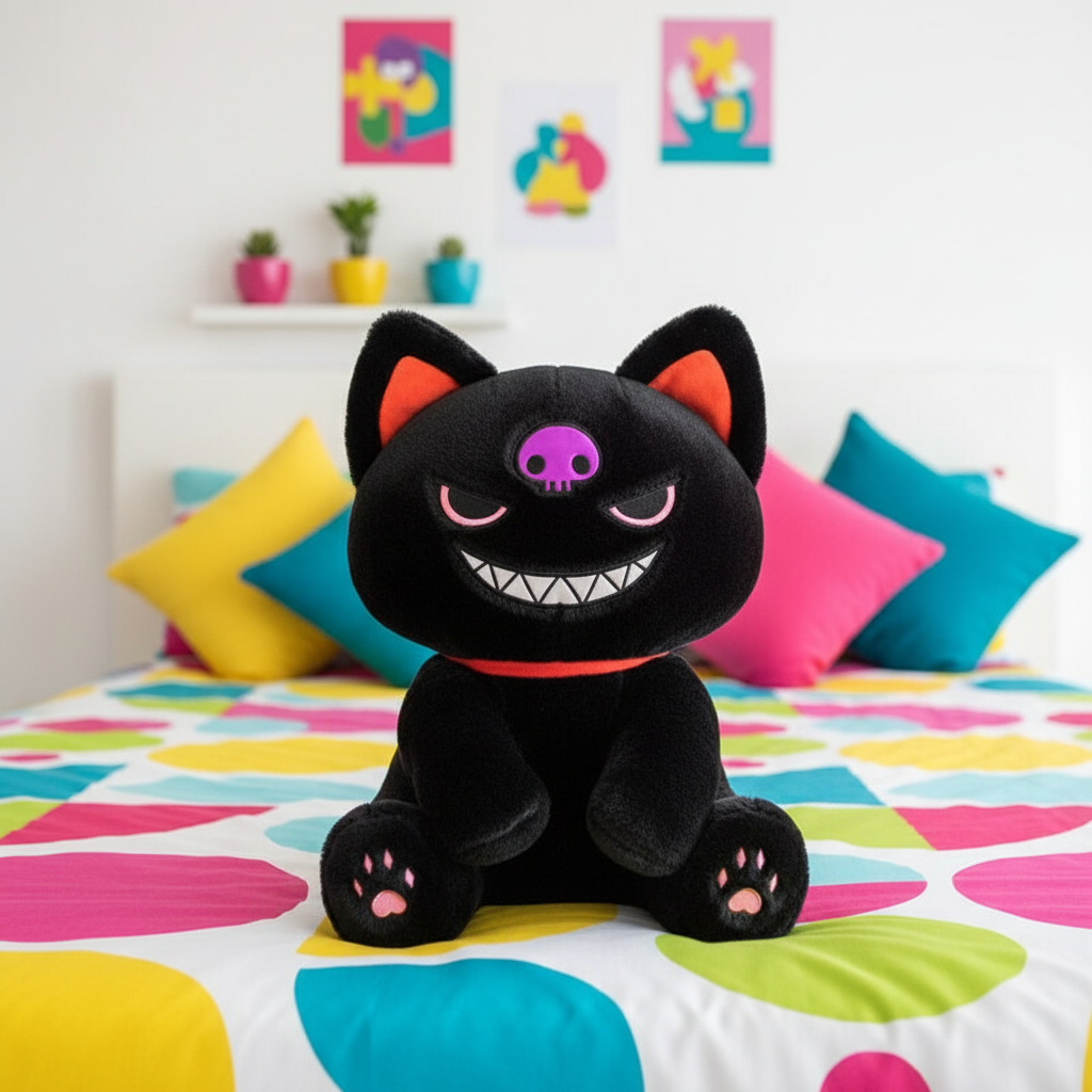 Black cat plush toy with orange accents on a colorful bedspread
