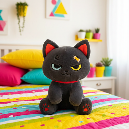 Black cat plush toy with red accents on a colorful bedspread
