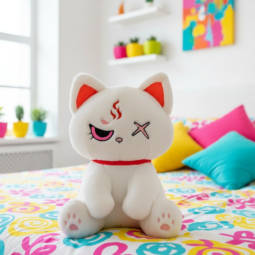 Plush cat toy with red accents on a colorful bedspread in a bright room.