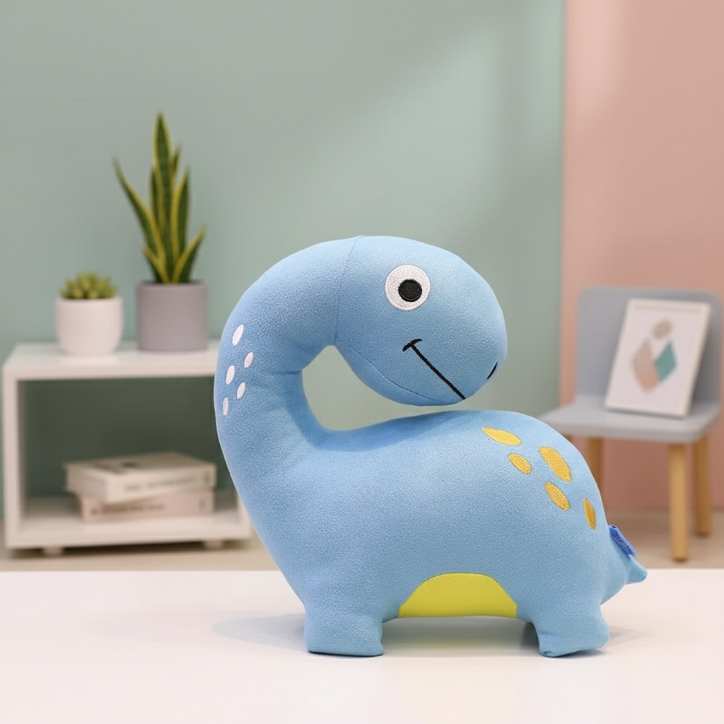 Blue dinosaur plush toy on a light surface with a blurred indoor background