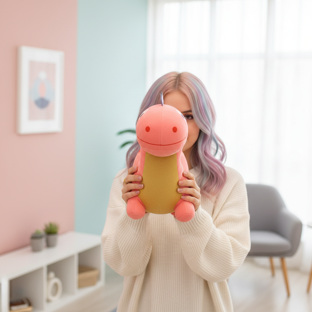 Person holding a pink plush toy in a room with a pink wall and white shelves.