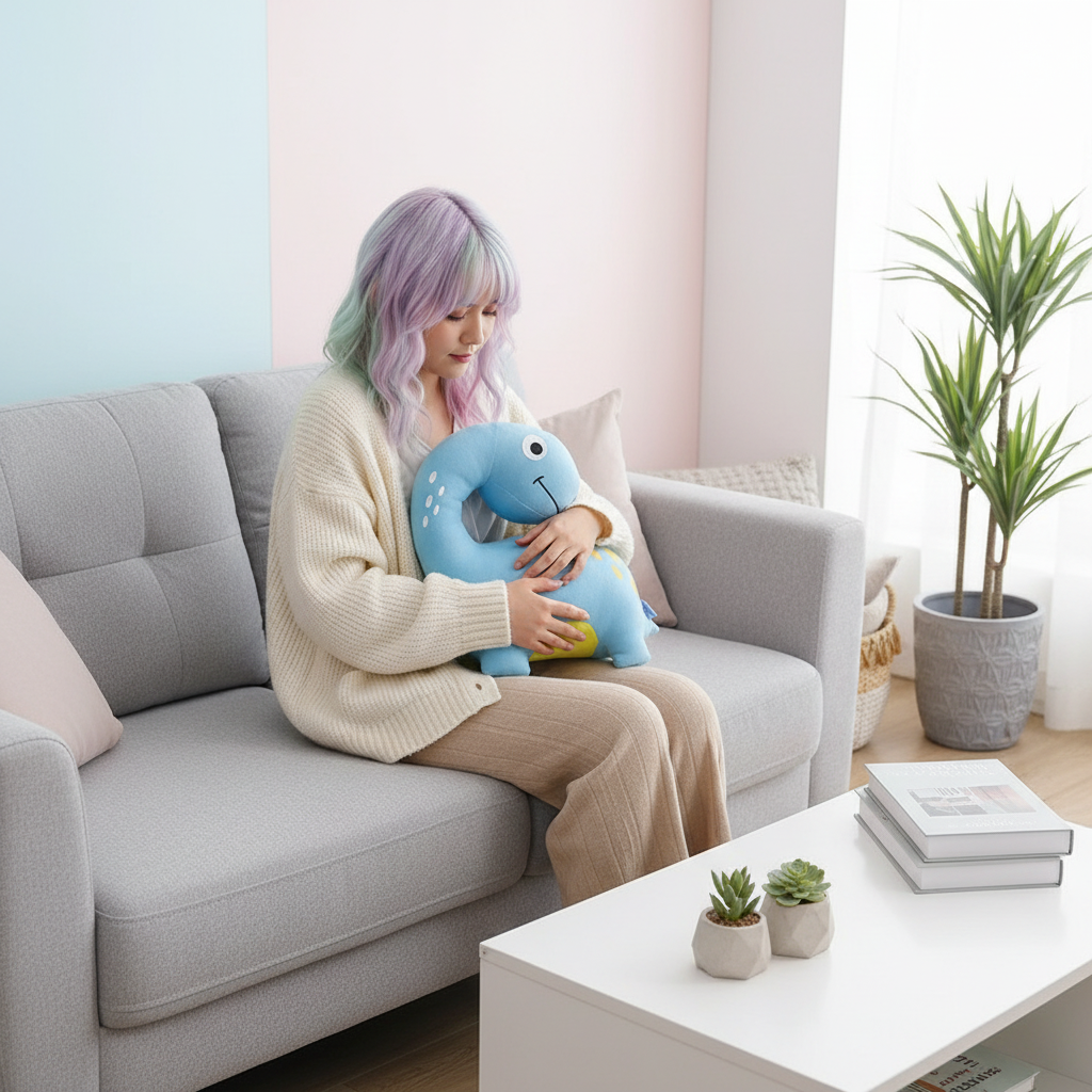 Person sitting on a couch holding a blue plush toy in a modern living room.