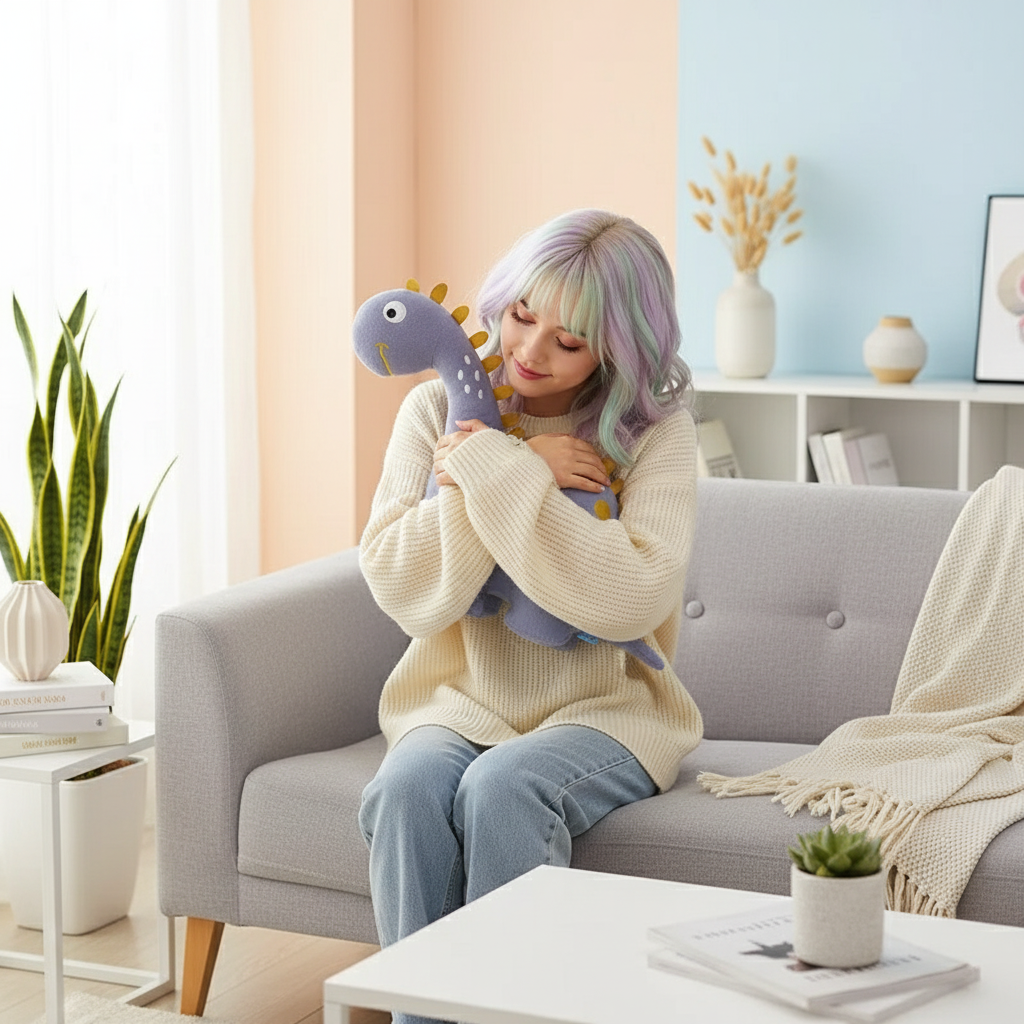 Woman sitting on a couch holding a plush toy in a cozy living room.