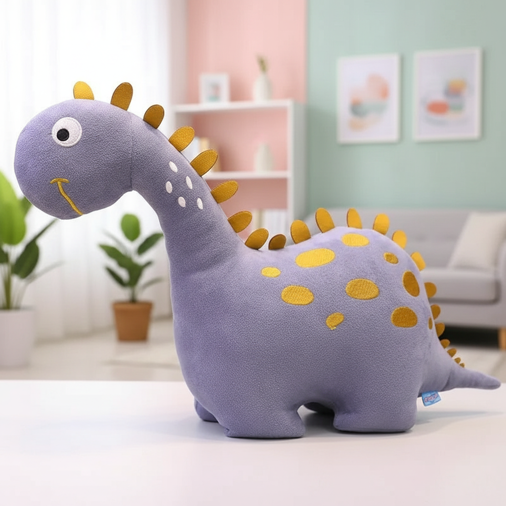 Plush dinosaur toy with purple body and yellow spikes on a light surface.