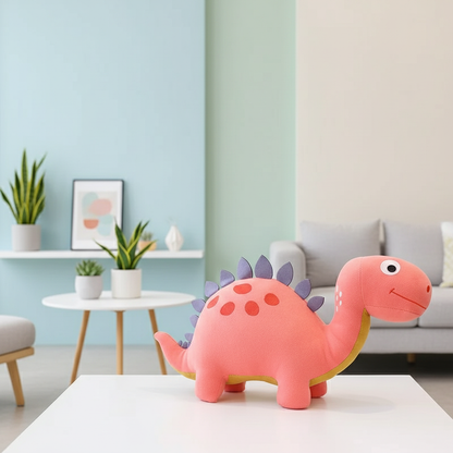Pink dinosaur toy on a table in a living room with a couch and plants in the background.
